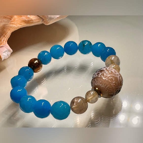 BLUE AGATE + JAK HORNS NATURAL STONES BRACELET size 7.5” - Picture 6 of 13
